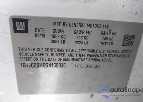 2016 Chevrolet Sonic Lt Auto from USA, damaged, VIN 1G1JC6SH6G4155035